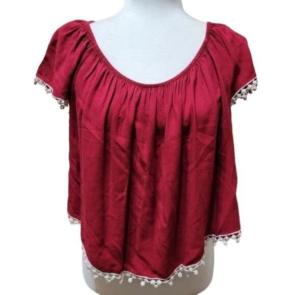 Arizona Jean Company Tops - Arizona Women Size Medium Cropped Boho Festival Top Maroon Crochet Pom Pom Trim